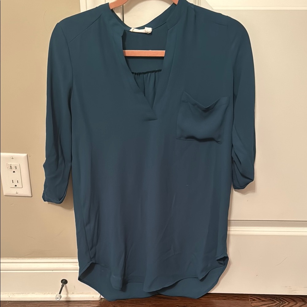 Lush Blue Blouse with Cuffed Sleeves and Mandarin Collar